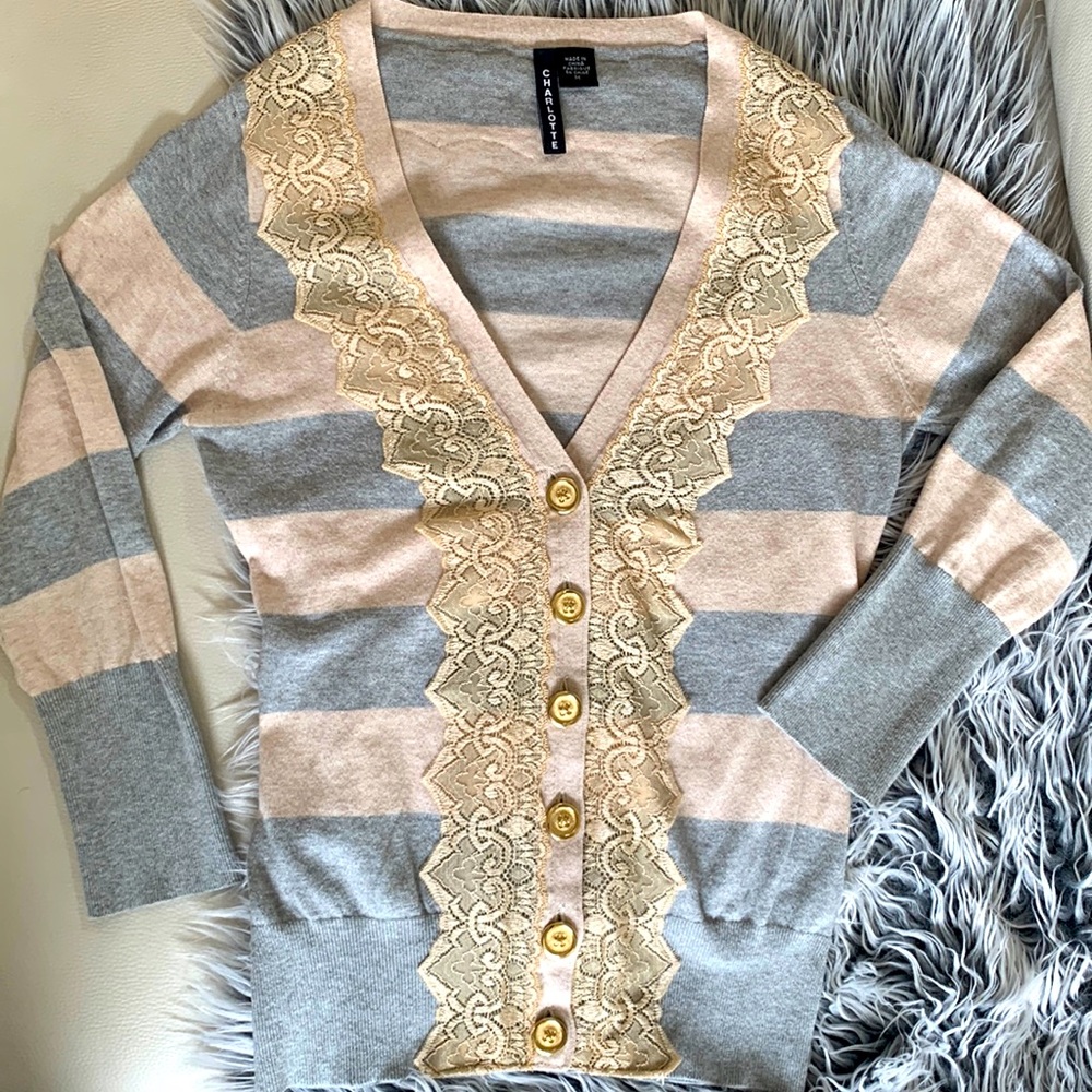 Anthropologie - Charlotte striped lace Cardigan womens M beige gray gold